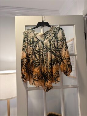Nicole Miller Cream and Tan Botanical Peasant Blouse